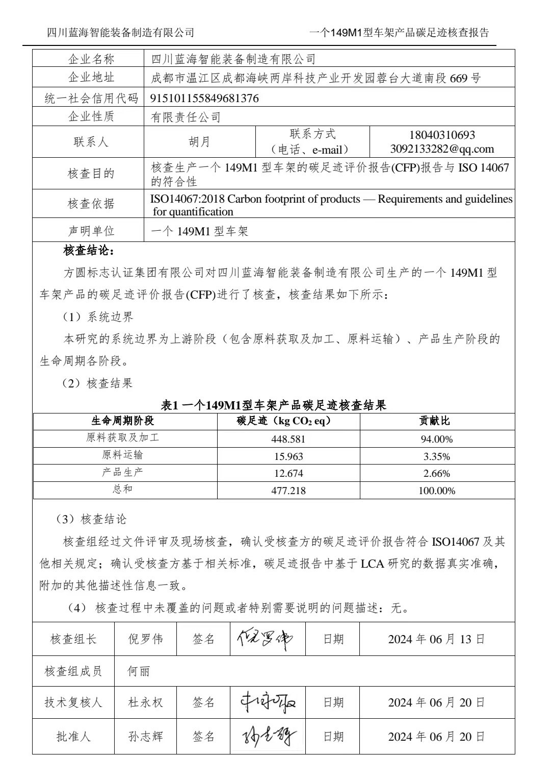 一個149M1型車架產品碳足跡核查報告